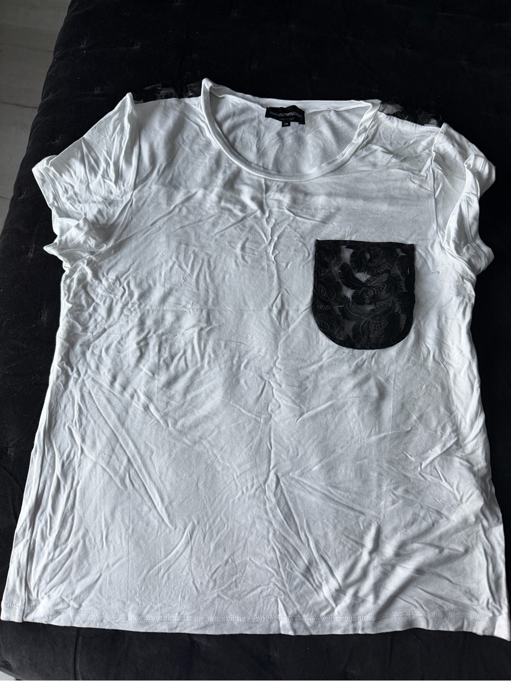 Emporio Armani White Short Sleeve Tee with Black Lace Pocket